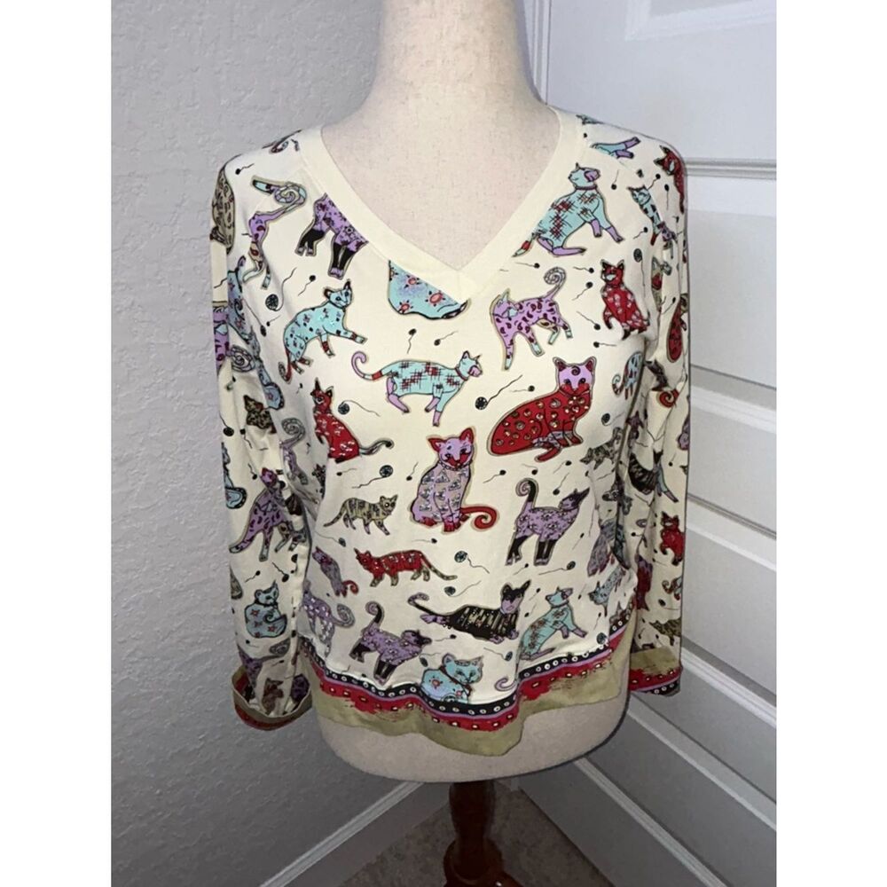 Lapis Sequins Embellished Cat Print Long Sleeve Blouse Shirt Top